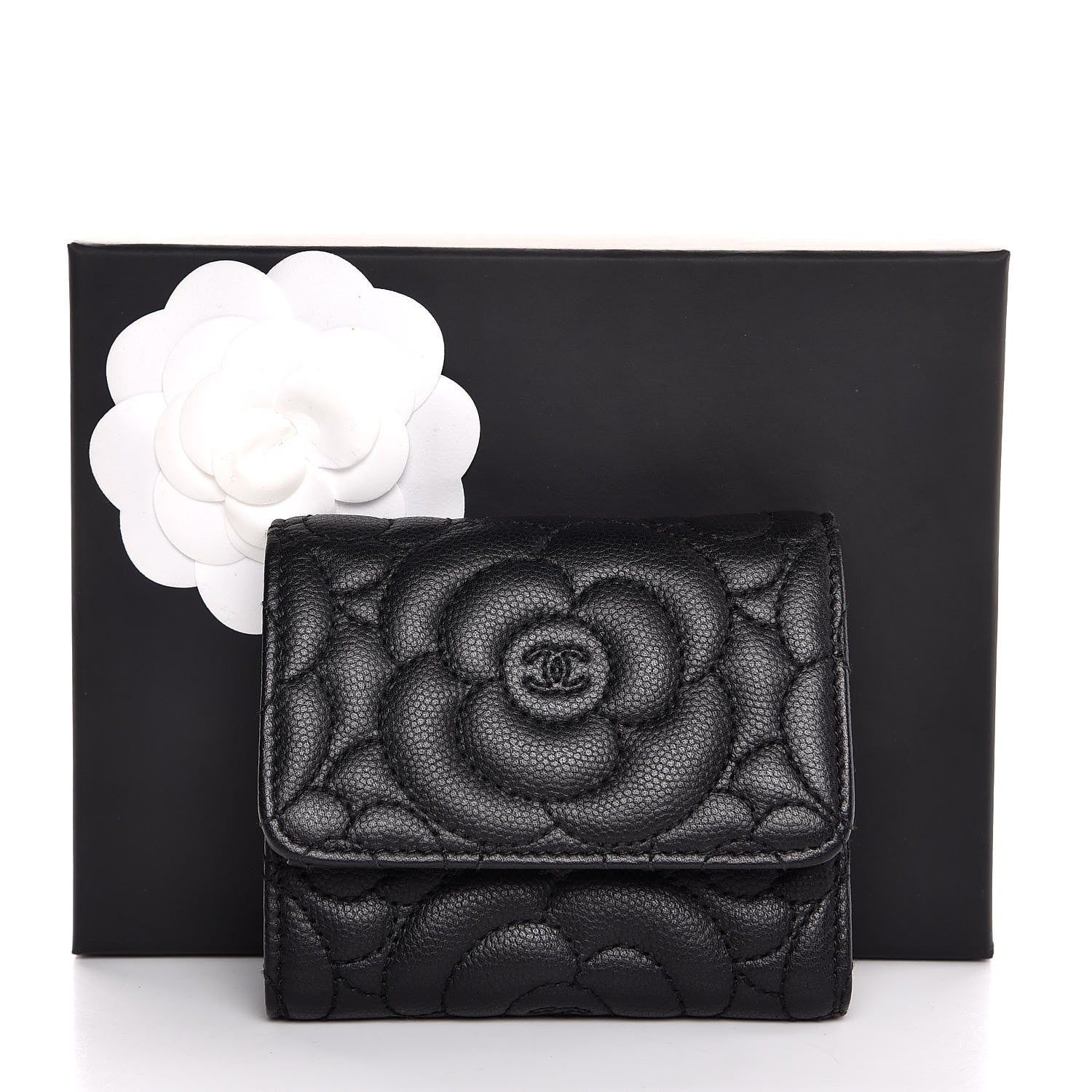 Chanel Caviar Camellia Embossed Compact Wallet Black 8 of 8