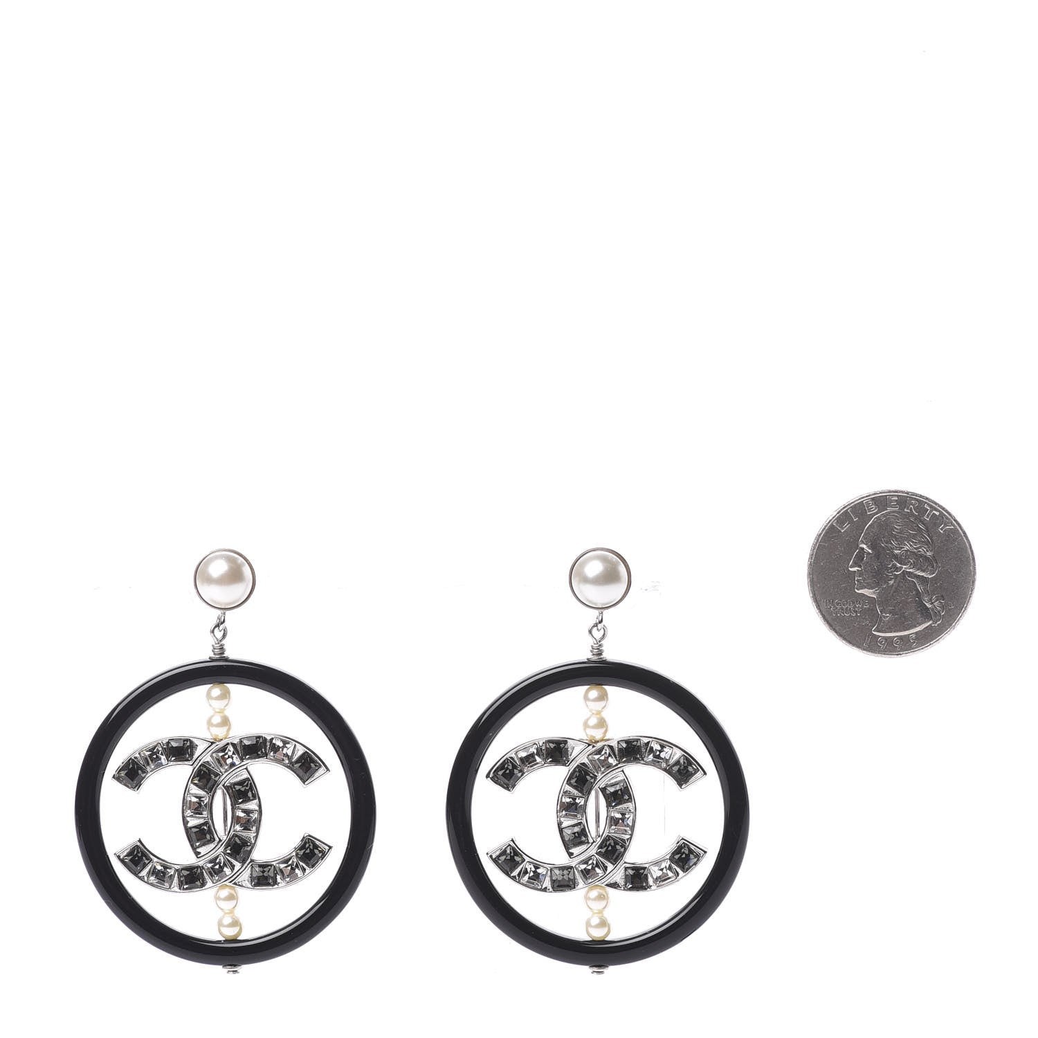 Chanel Resin Baguette Crystal Pearl CC Hoop Earrings Black White Grey 2 of 5