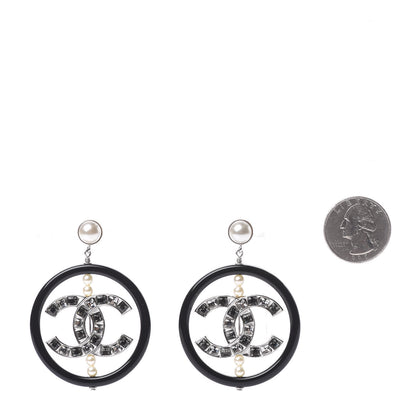 Chanel Resin Baguette Crystal Pearl CC Hoop Earrings Black White Grey 2 of 5