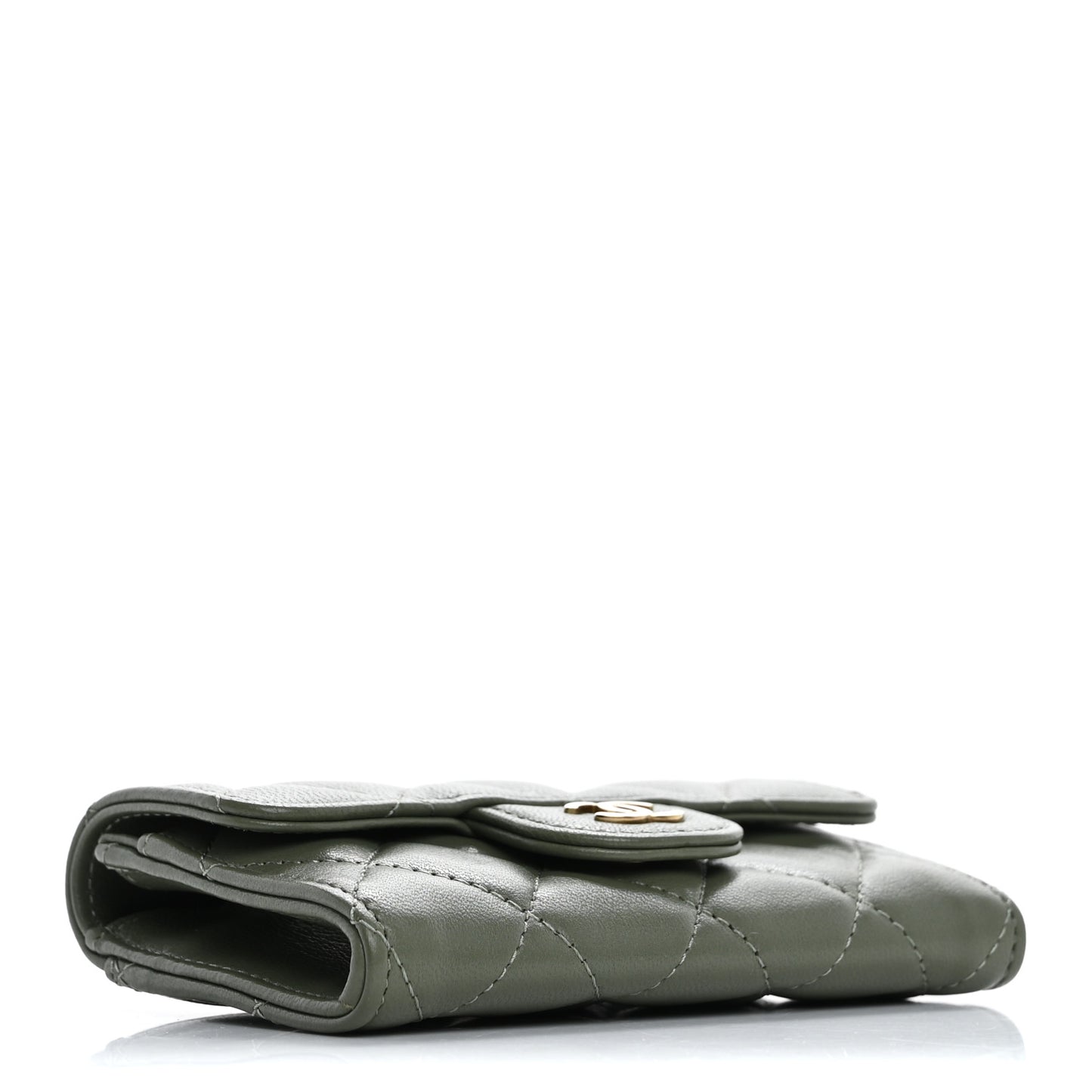 Lambskin Quilted Flap Card Holder Wallet Khaki