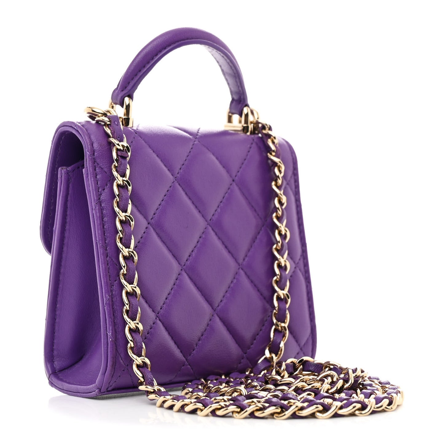 Lambskin Quilted Top Handle Flap Clutch With Chain Purple