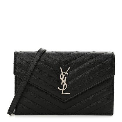Saint Laurent Grain De Poudre Matelasse Chevron Monogram Envelope Chain Wallet Black 1 of 13