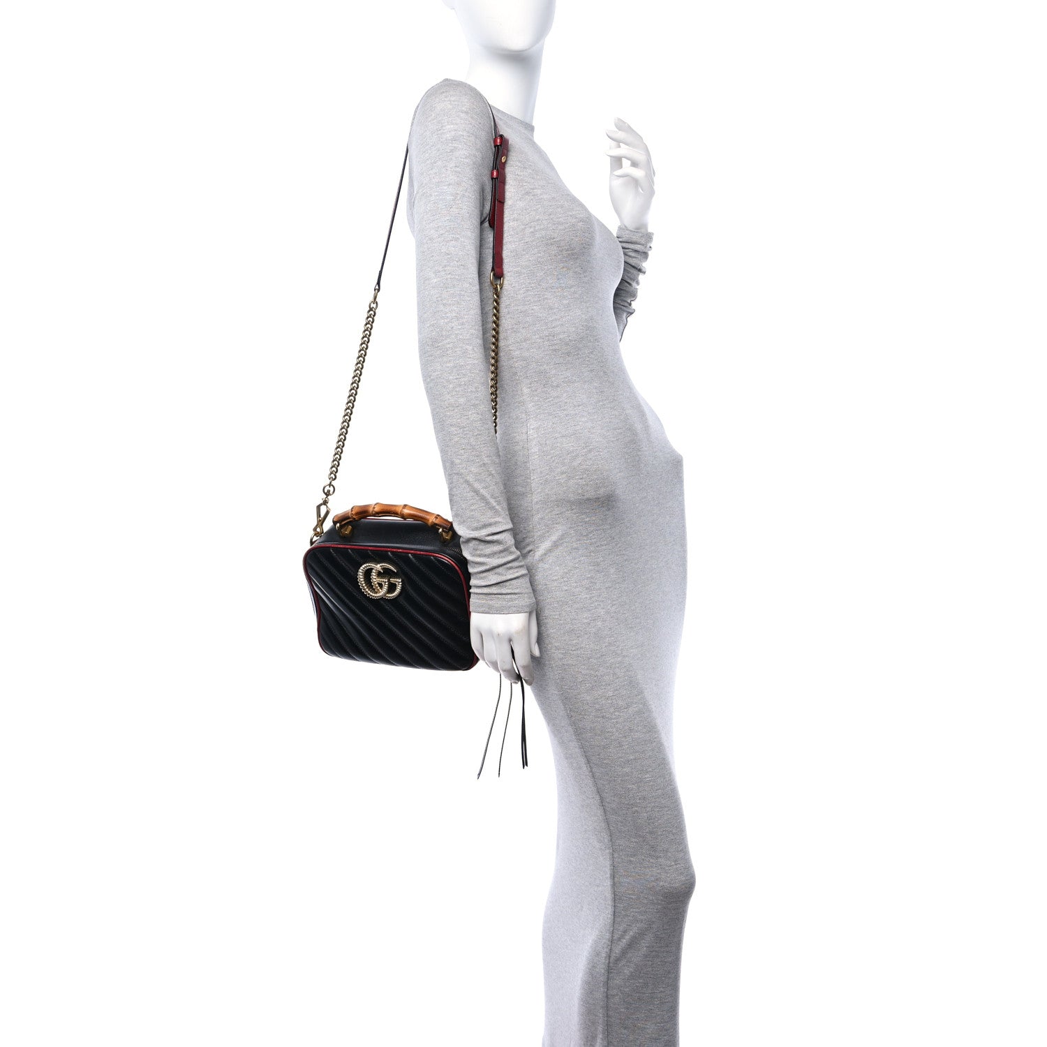 Gucci Vintage Effect Calfskin Matelasse Diagonal Small Torchon GG Marmont Bamboo Top Handle Shoulder Bag Black Romantic Cherry 2 of 13