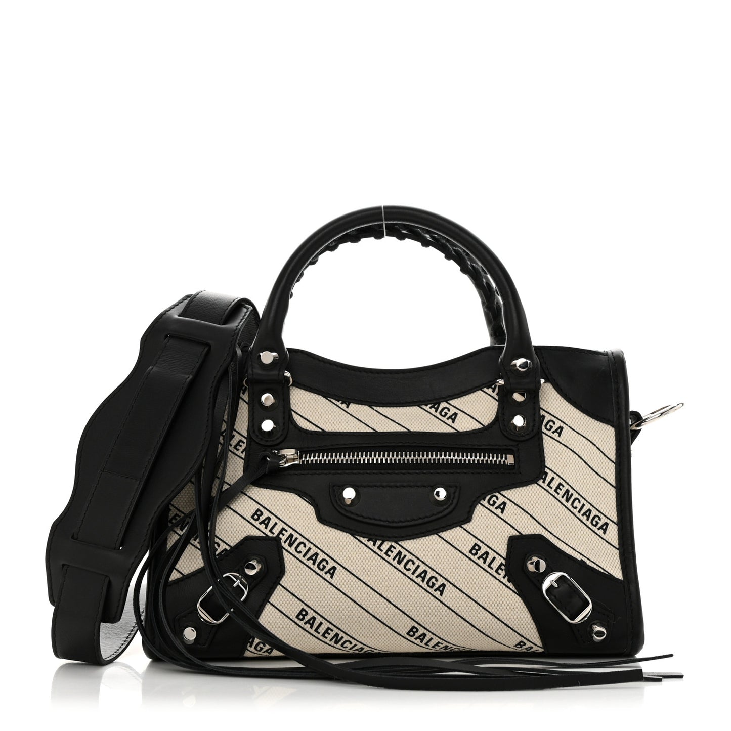 Canvas Satin Calfskin Diagonal Allover Logo Print Classic Silver Hardware Mini City Natural Black