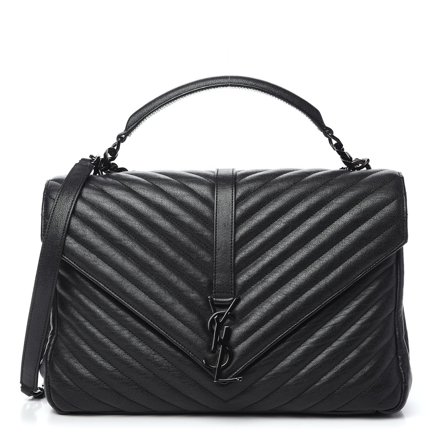 Sheepskin Matelasse Chevron Monogram Monochrome Large College Satchel Black