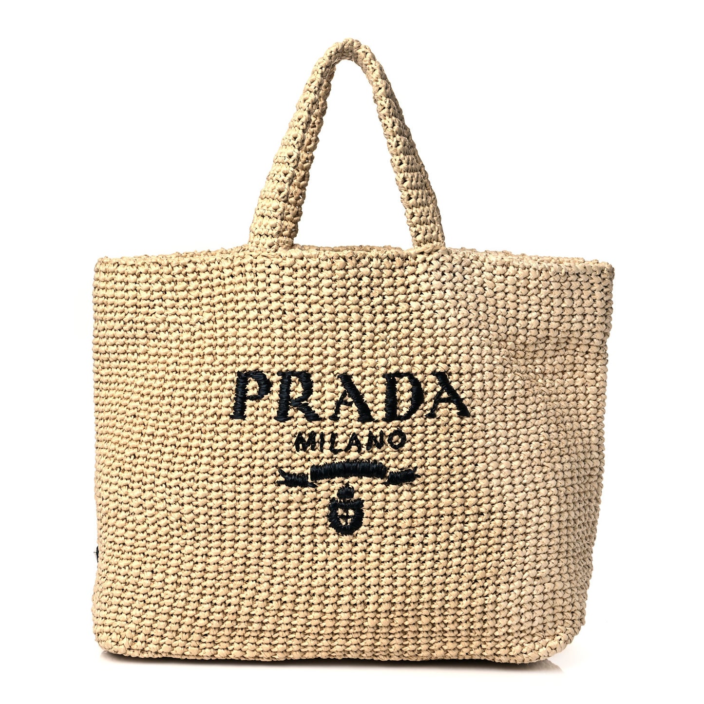 Yarn Raffia Effect Crochet Embroidered Logo Tote Naturale