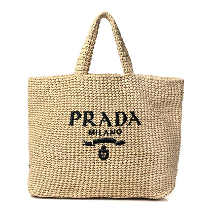 Prada Yarn Raffia Effect Crochet Embroidered Logo Tote Naturale 1 of 10
