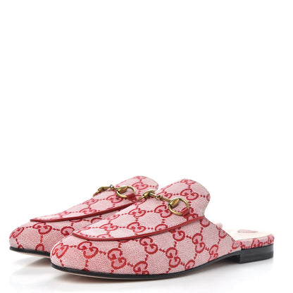 Gucci Canvas GG Monogram Horsebit Womens Princetown Slippers 37 Gardenia Hibiscus Red 3 of 9