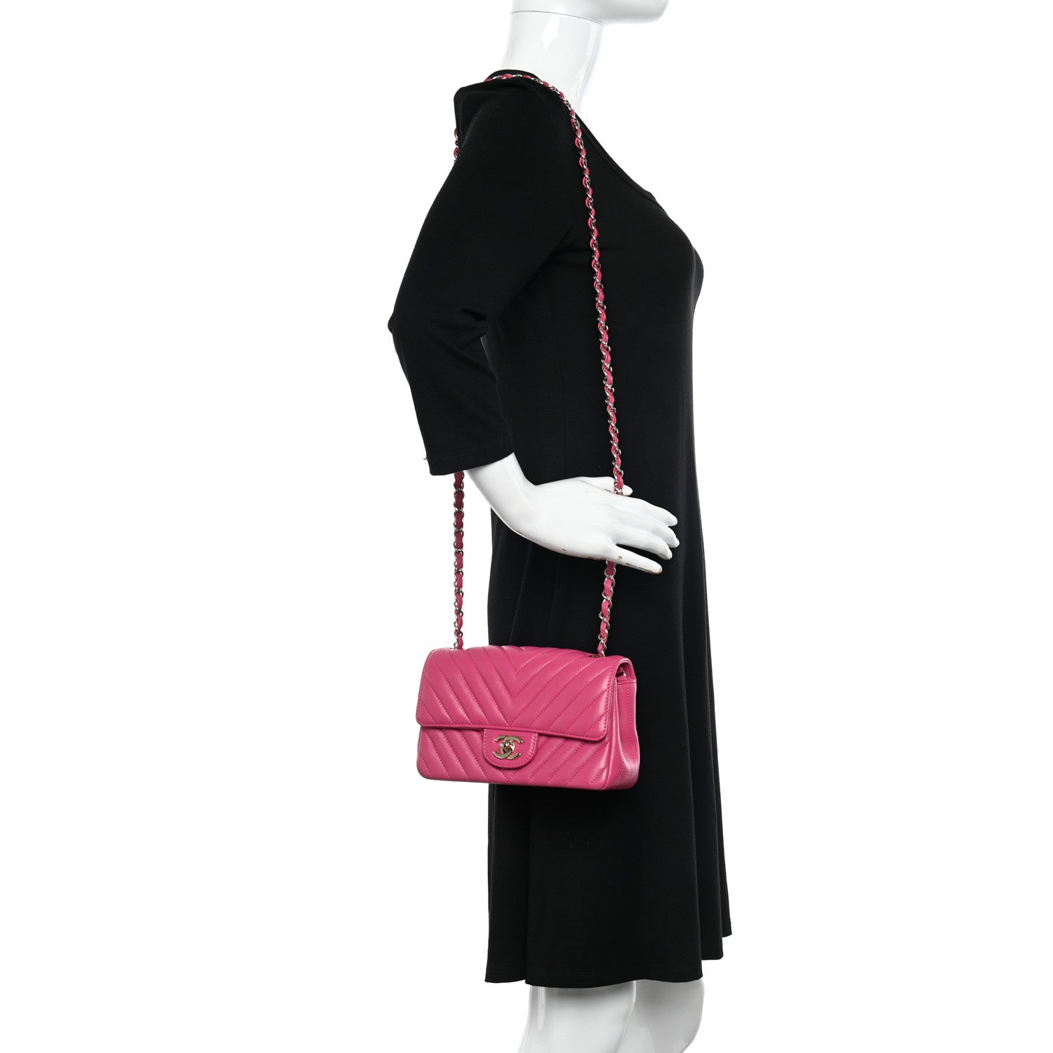 Chanel Lambskin Chevron Quilted Mini Rectangular Flap Fuchsia 2 of 11