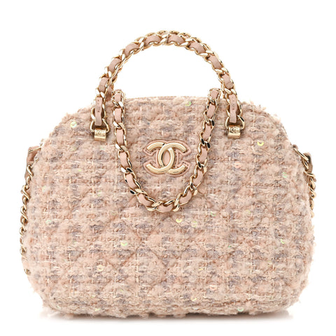Cotton Wool Tweed Sequin Quilted Shiny Coco Clutch With Chain Light Pink Beige Ecru