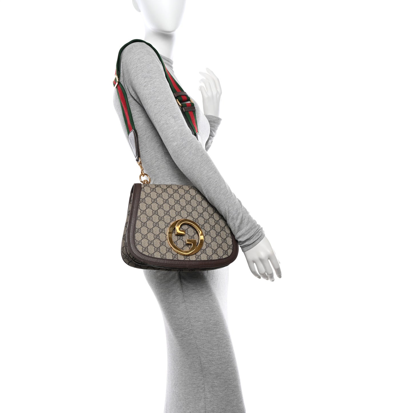GG Supreme Monogram Textured Dollar Calfskin Web Medium Blondie Shoulder Flap Bag Beige Ebony New Acero