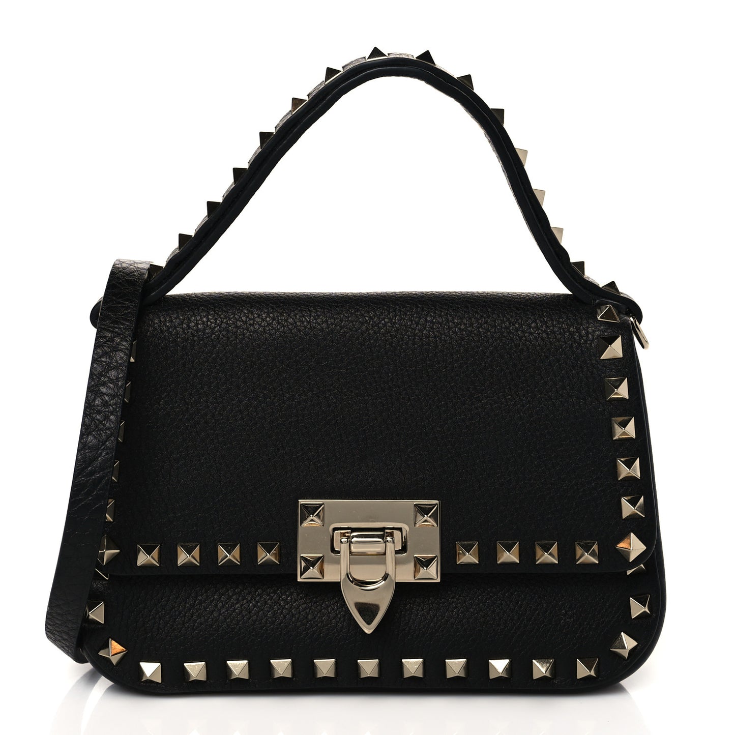 Grainy Calfskin Small Rockstud Top Handle Bag Black