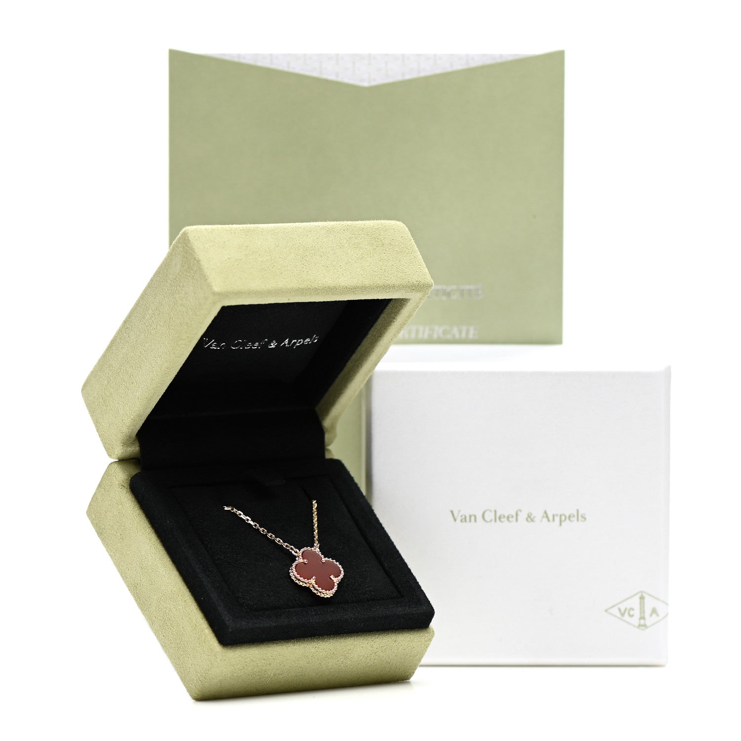 Van Cleef & Arpels 18K Yellow Gold Carnelian Vintage Alhambra Pendant Necklace 7 of 7