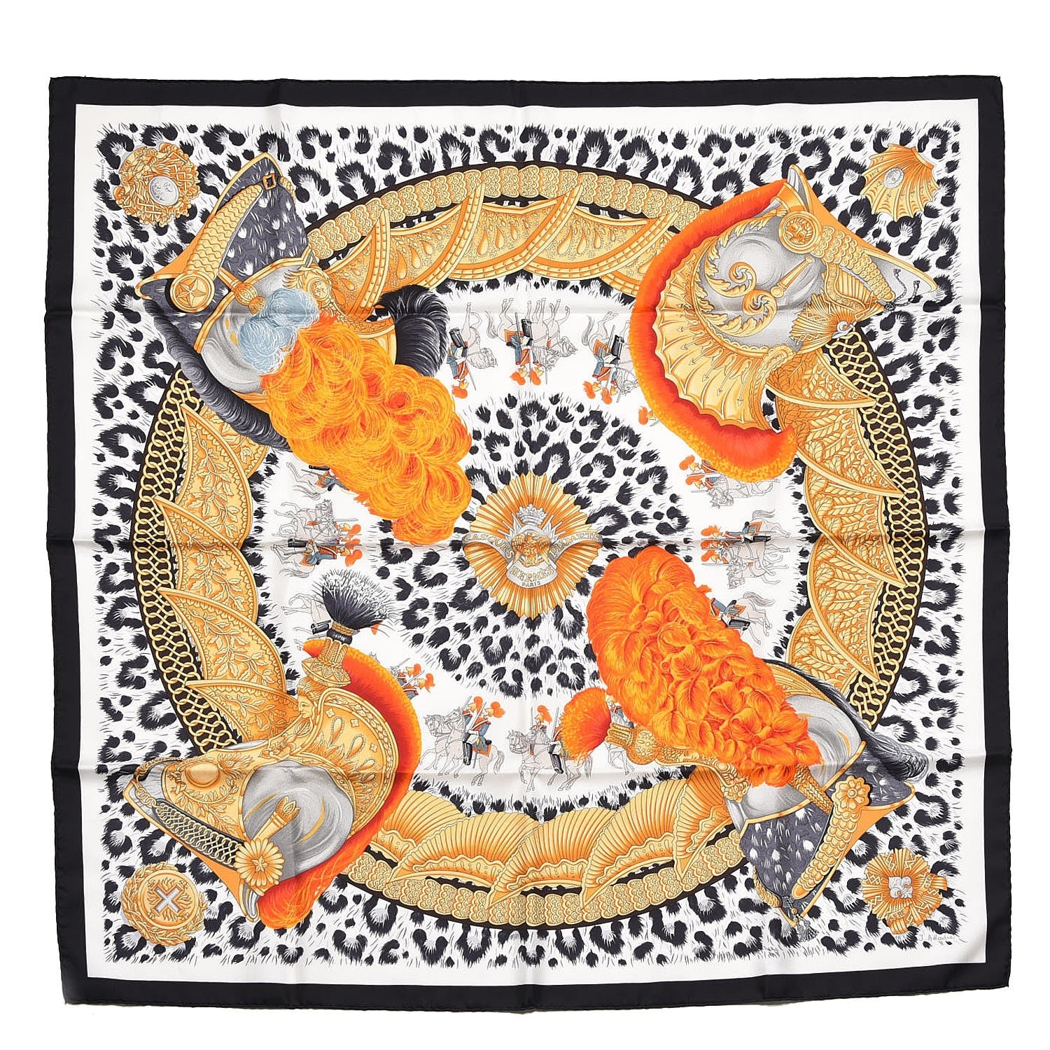 Hermes Silk Casques Et Plumets Scarf 90 Noir Blanc Vieil Or 1 of 6