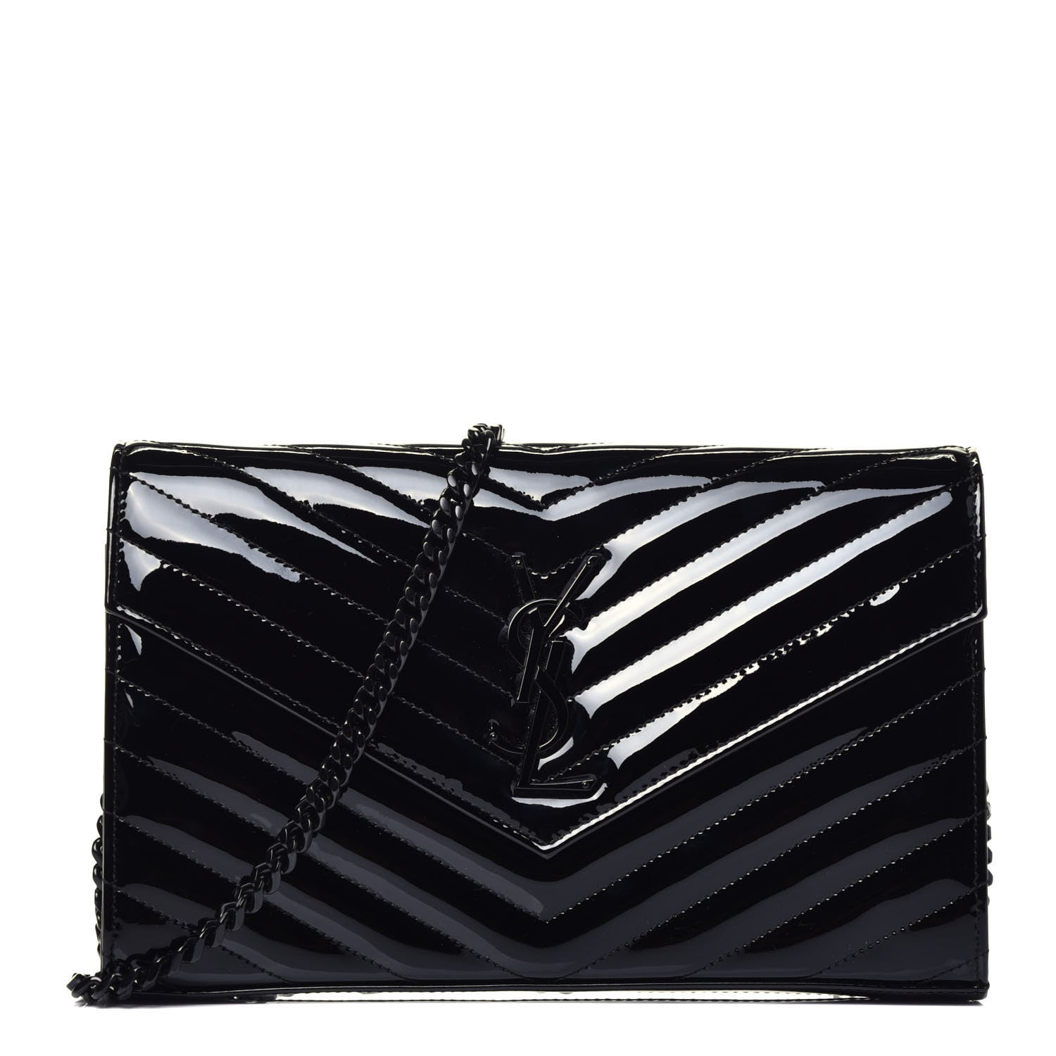 Saint Laurent Patent Matelasse Chevron Monogram Chain Wallet Black 1 of 8
