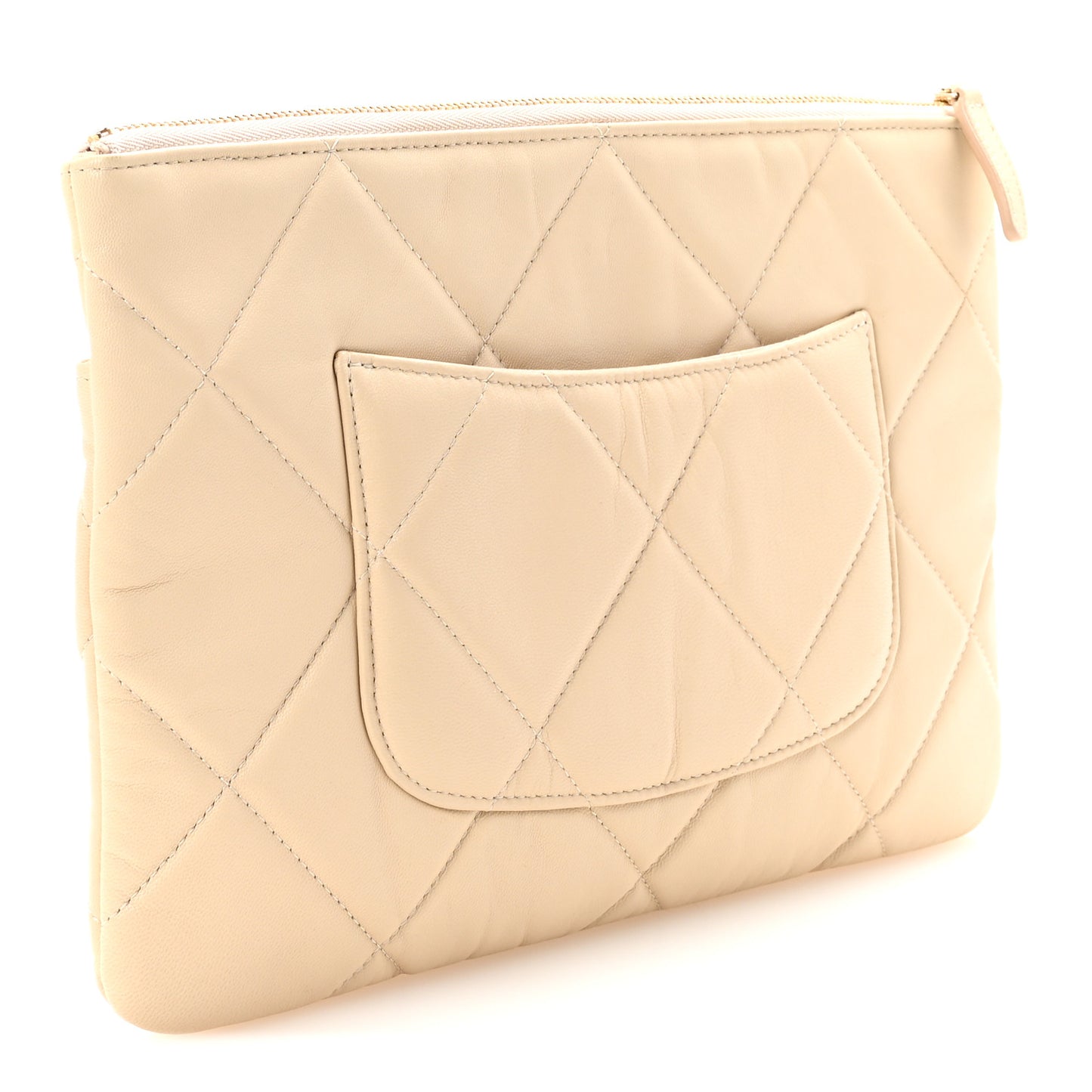 Shiny Goatskin Quilted Chanel 19 Pouch Beige
