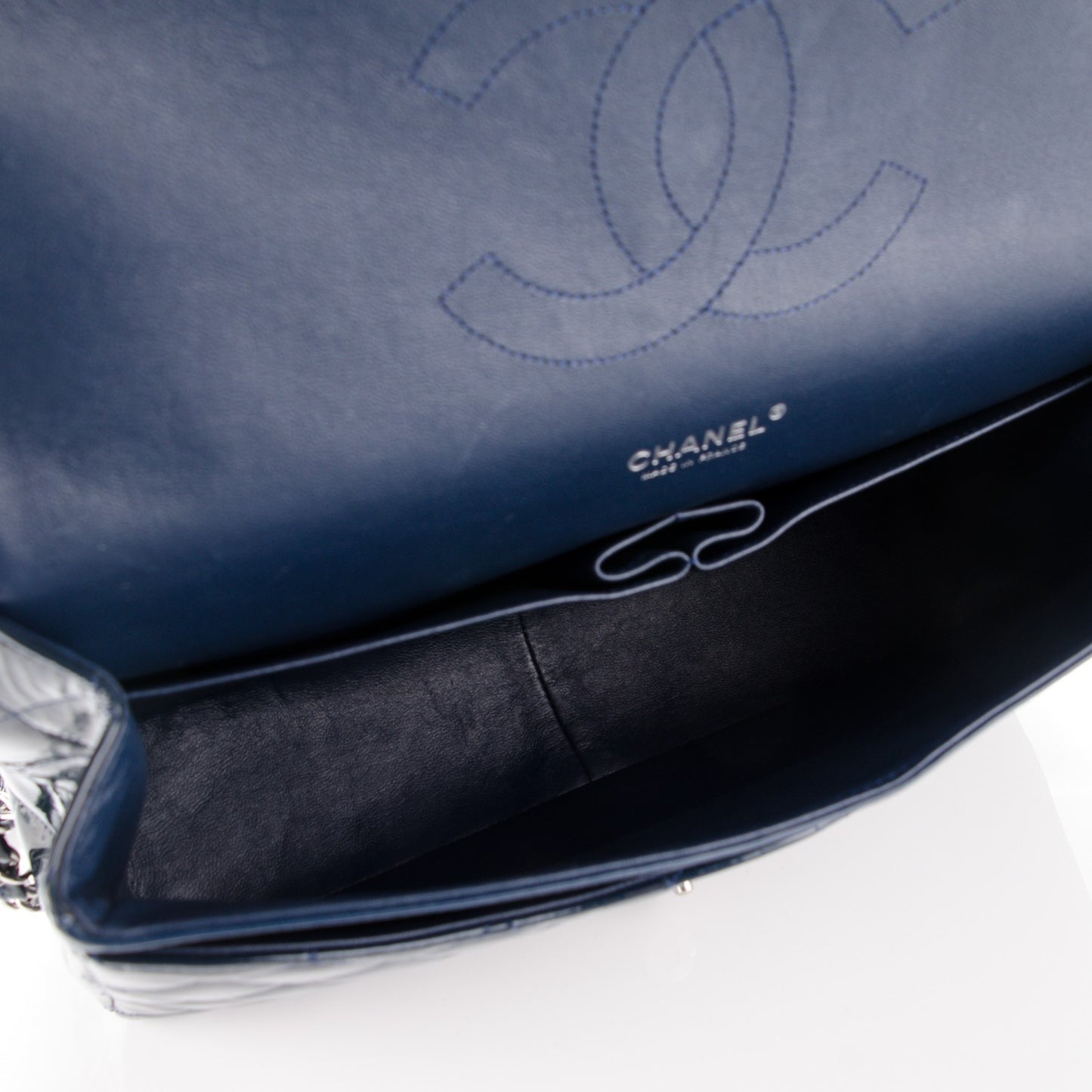 Patent Quilted Maxi Double Flap Navy Blue