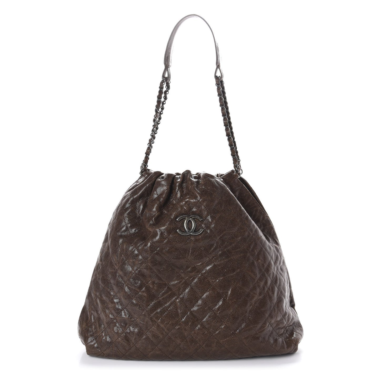 Distressed Glazed Caviar Quilted Large Elastic Tote Brown