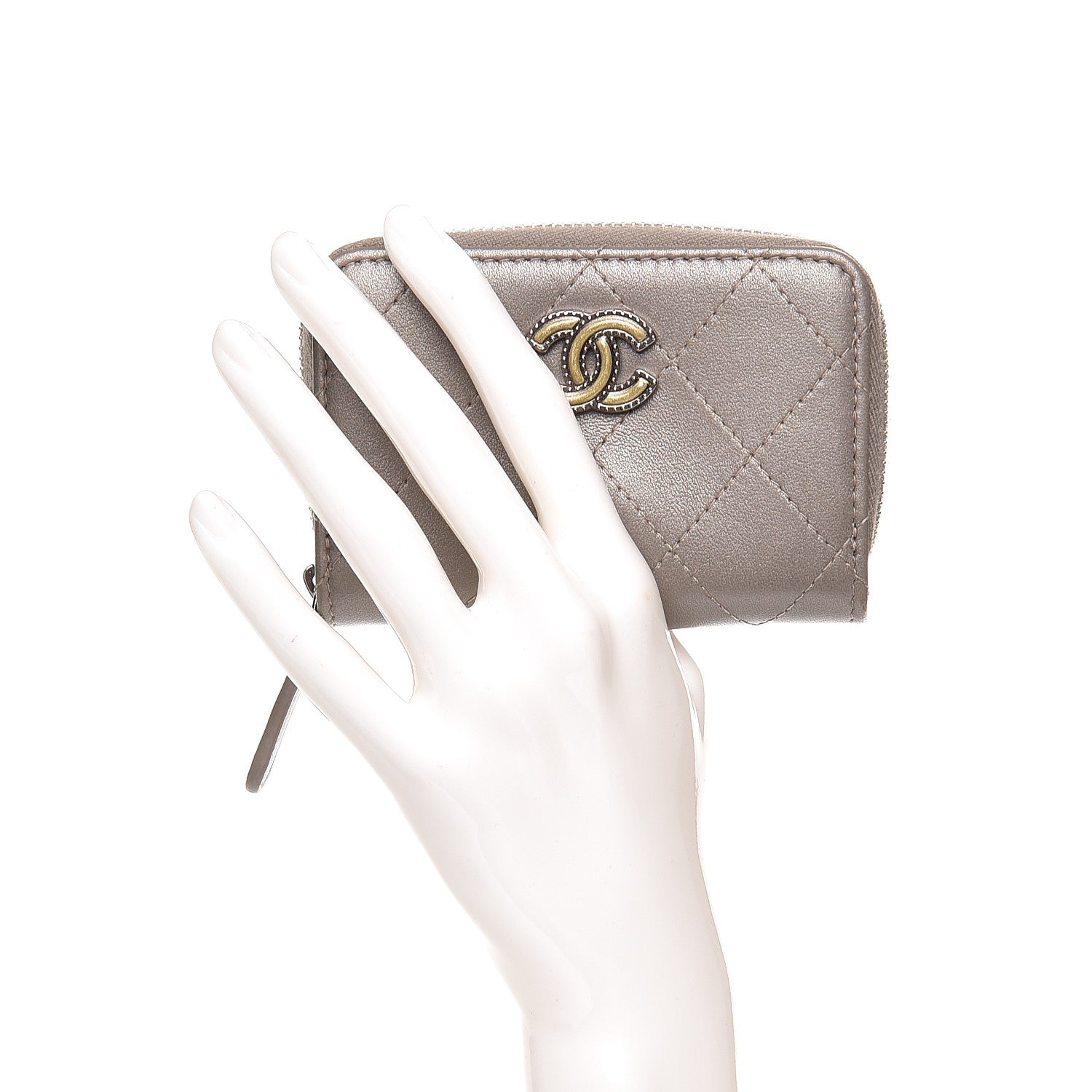 Chanel Metallic Lambskin Quilted Zip Around Coin Purse Grey 2 of 7