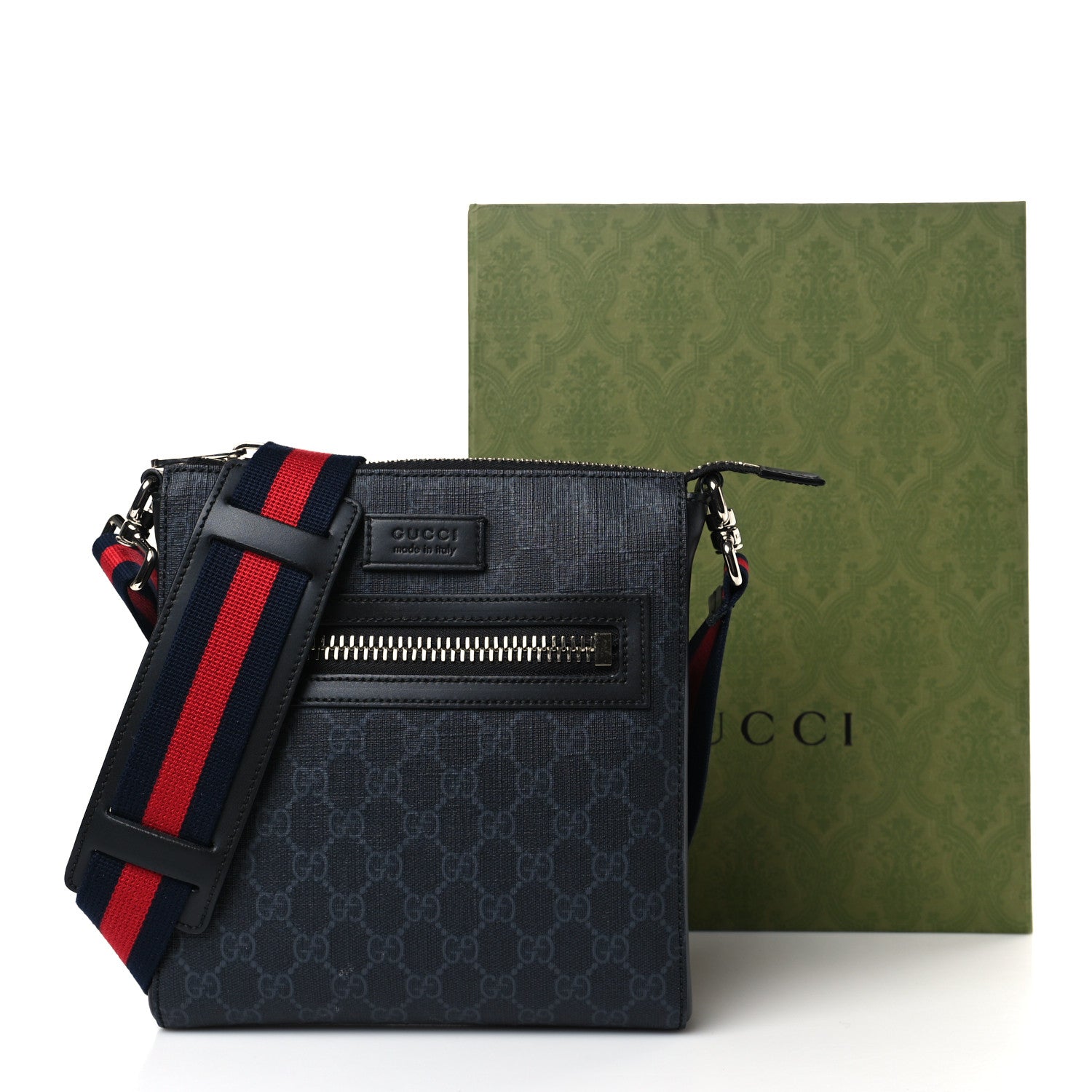 Gucci GG Supreme Monogram Web Small Flat Messenger Bag Black Grey 10 of 10