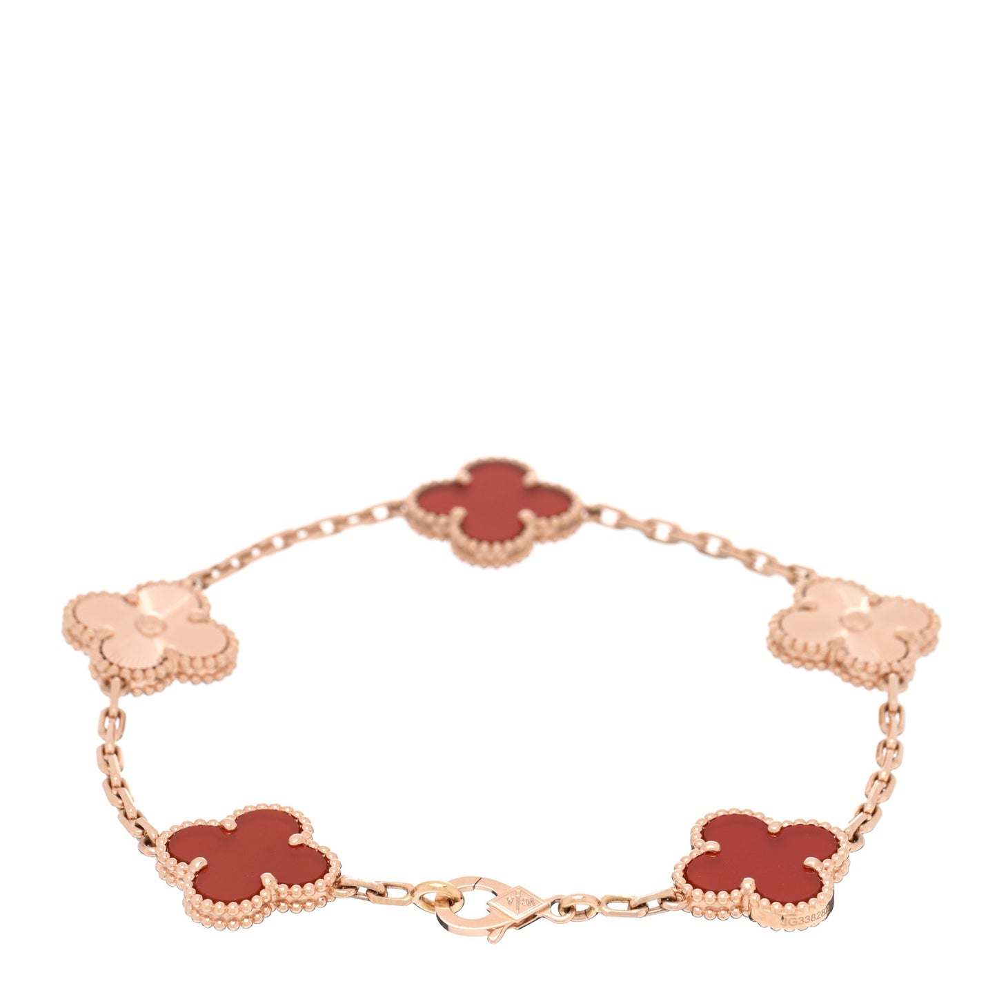 VAN CLEEF & ARPELS 18K Rose Gold Carnelian 5 Motifs Guilloche Vintage Alhambra Bracelet
