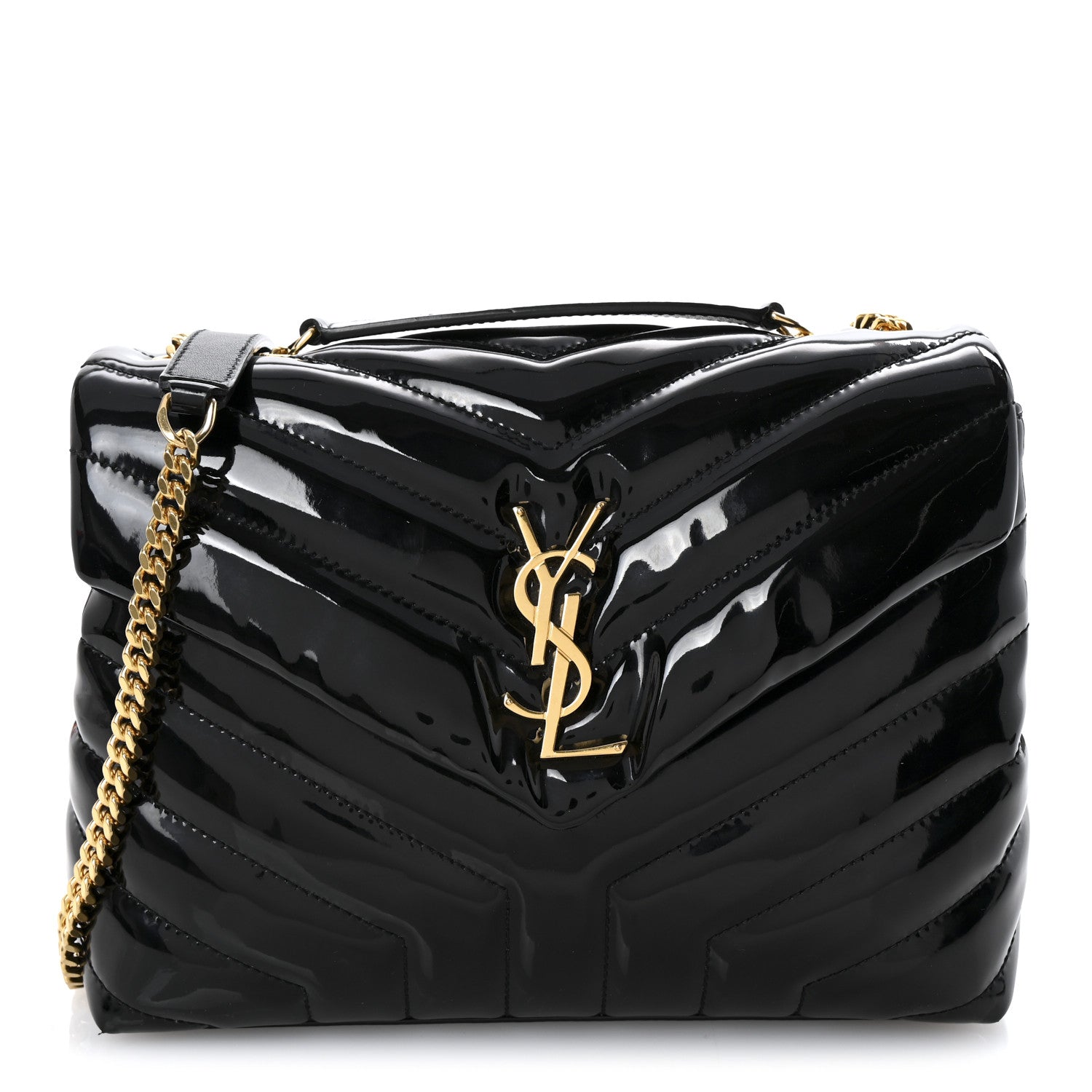 Saint Laurent Patent Y Quilted Monogram Small Loulou Chain Satchel Black 1 of 11