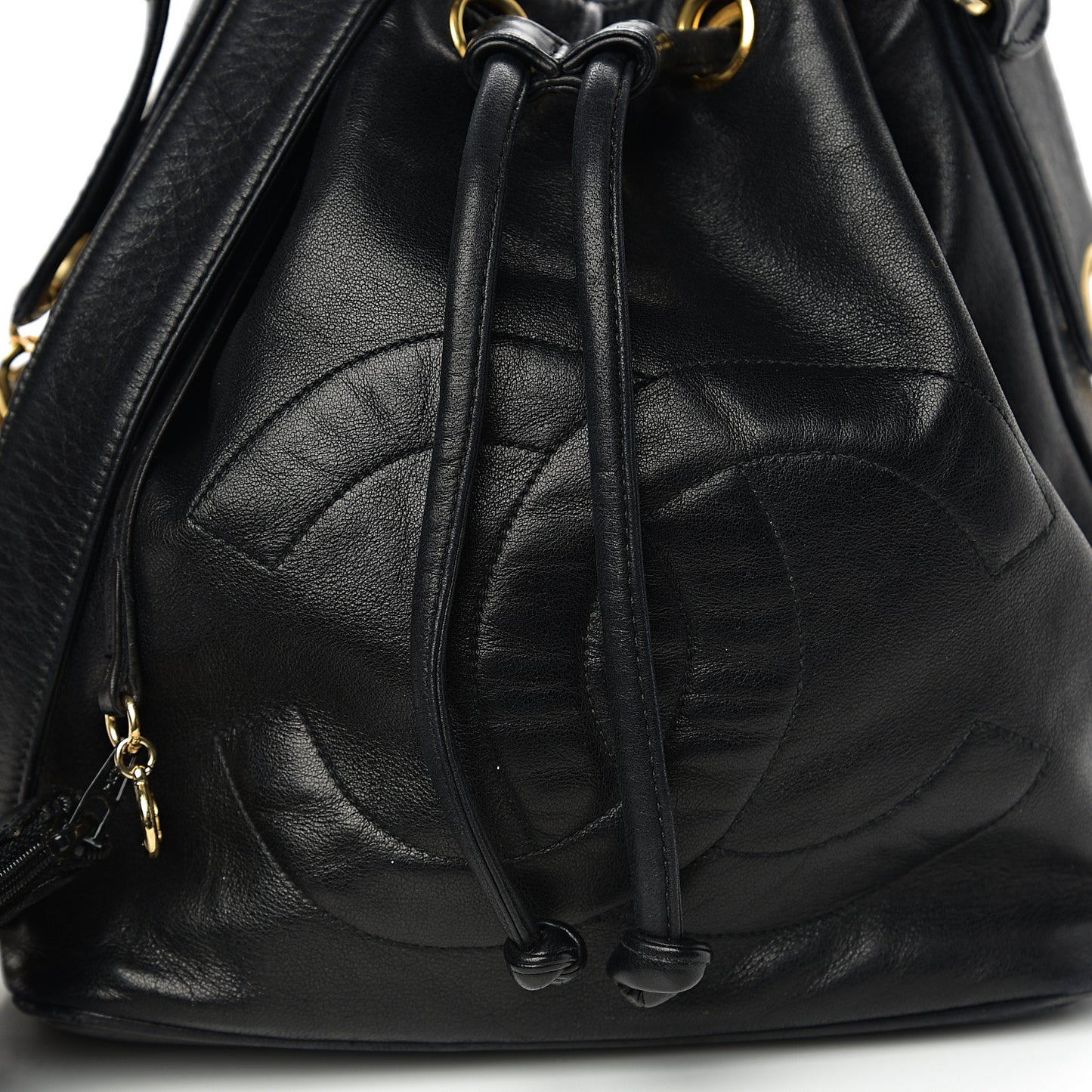 Lambskin CC Stitched Drawstring Bucket Bag Black