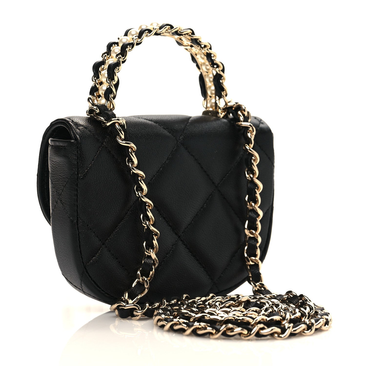 Chanel Lambskin Quilted Pearl Top Handle Clutch With Chain Black 3 of 11
