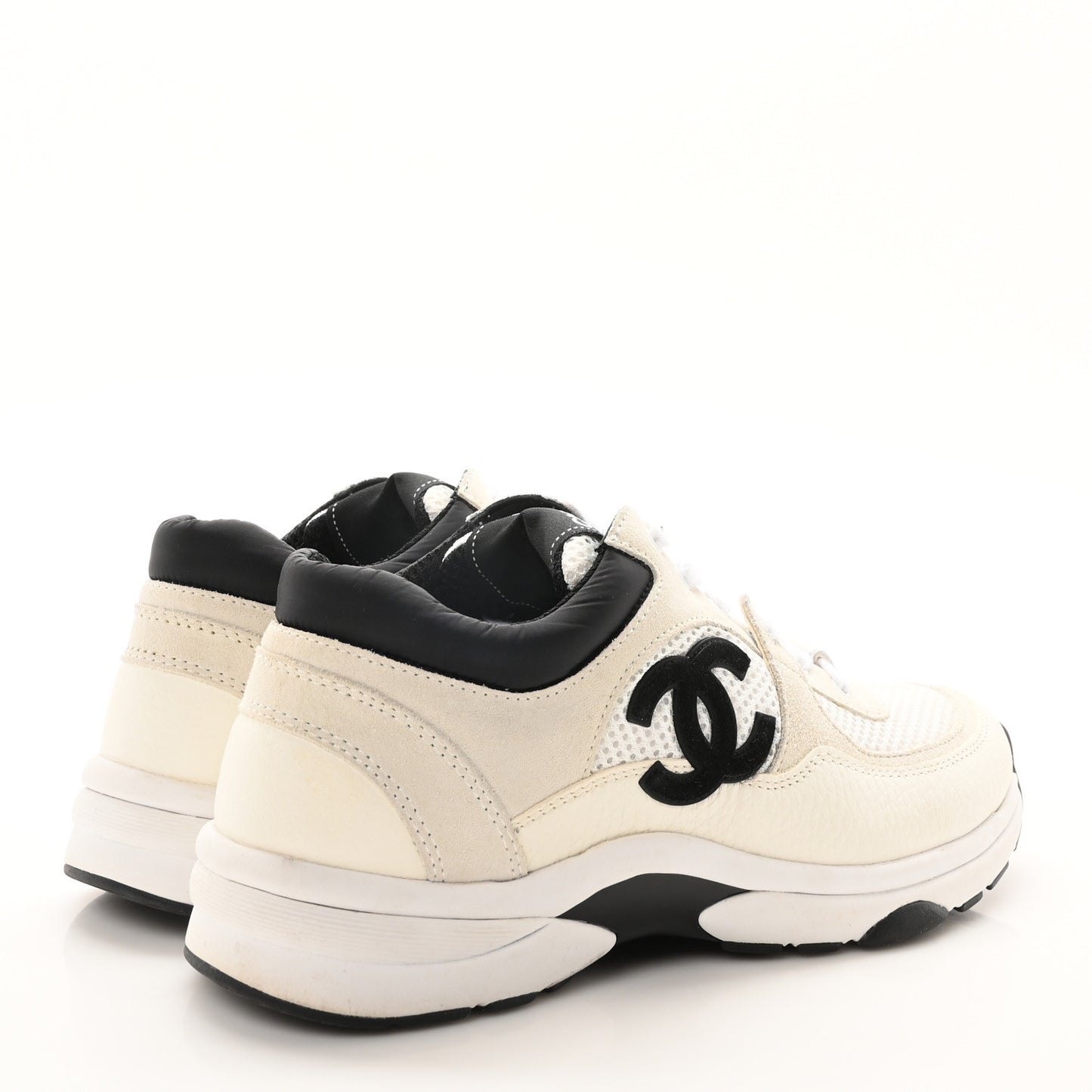 Mesh Suede Grained Calfskin Womens CC Sneakers 37.5 White Black