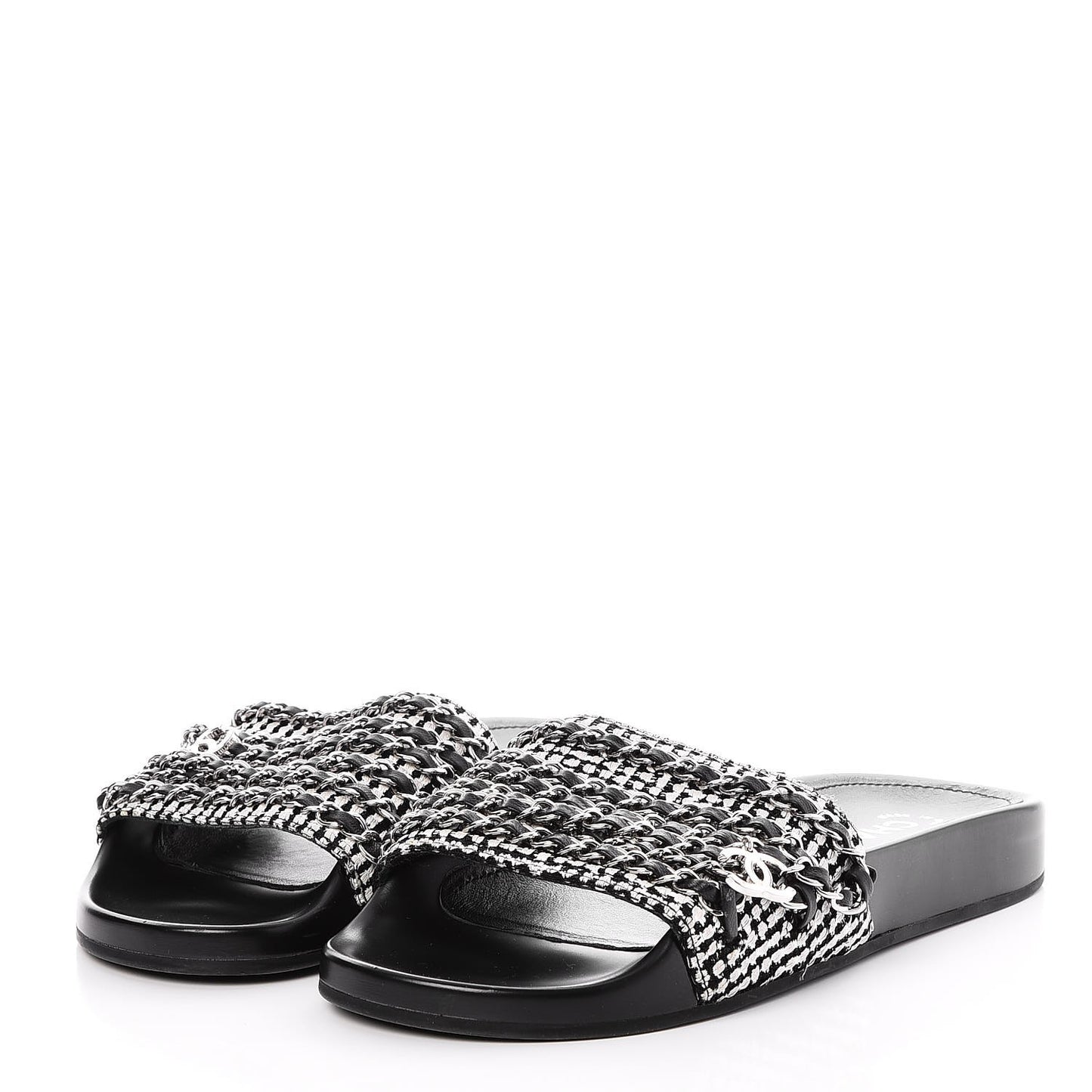 Tweed Lambskin Chain Flat Sandals 37 Black White