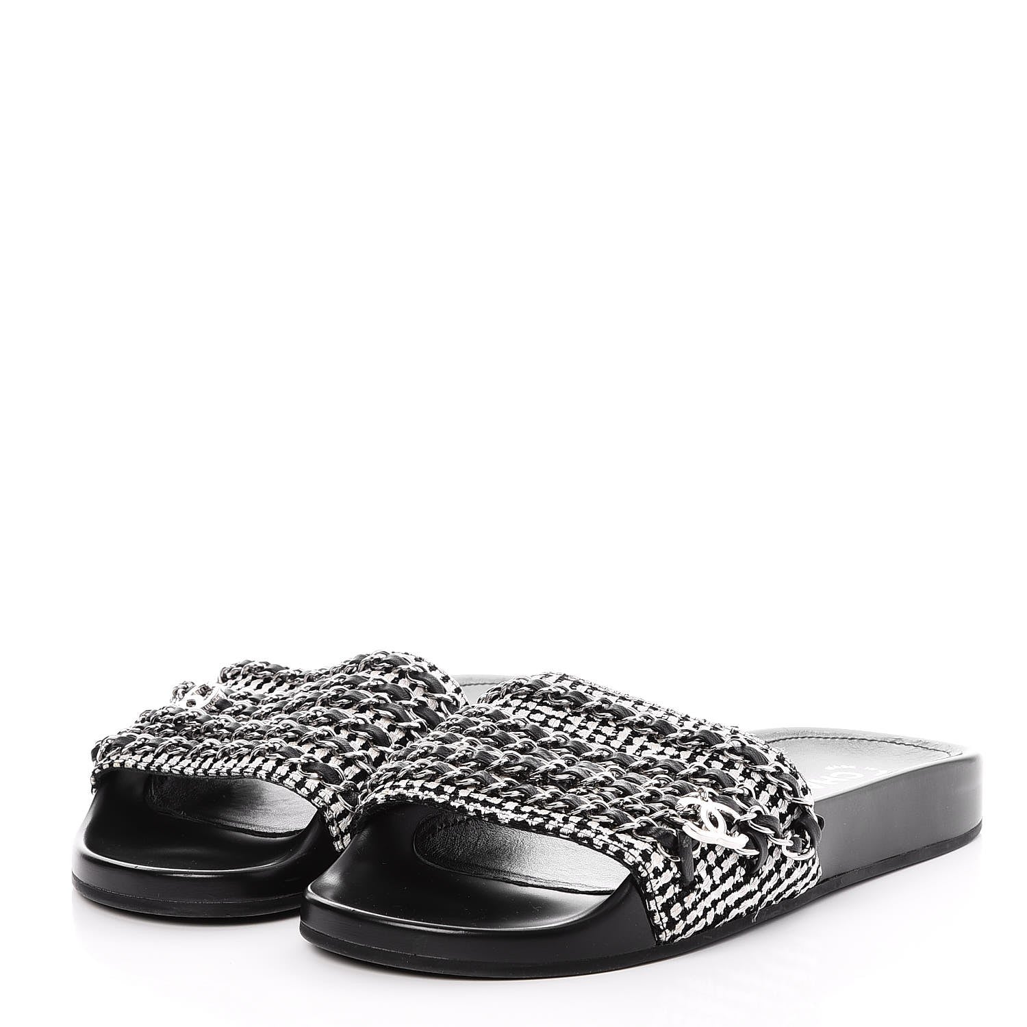 Chanel Tweed Lambskin Chain Flat Sandals 37 Black White 3 of 8