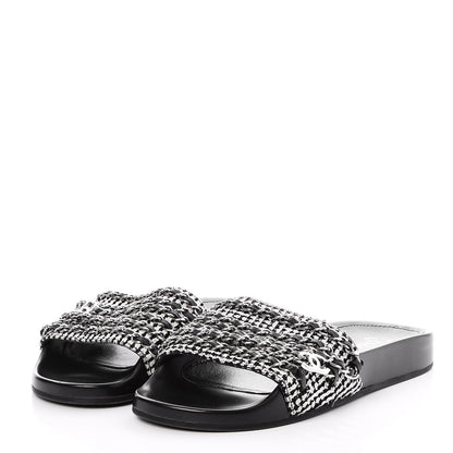 Chanel Tweed Lambskin Chain Flat Sandals 37 Black White 3 of 8