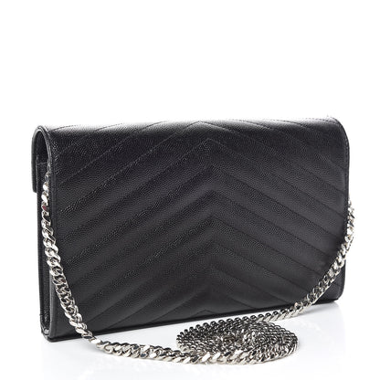 Saint Laurent Grain De Poudre Matelasse Chevron Monogram Chain Wallet Black 3 of 9