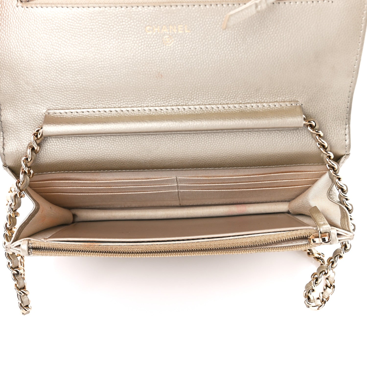 Chanel Pearly Caviar Quilted Wallet On Chain WOC Light Gold 5 of 13