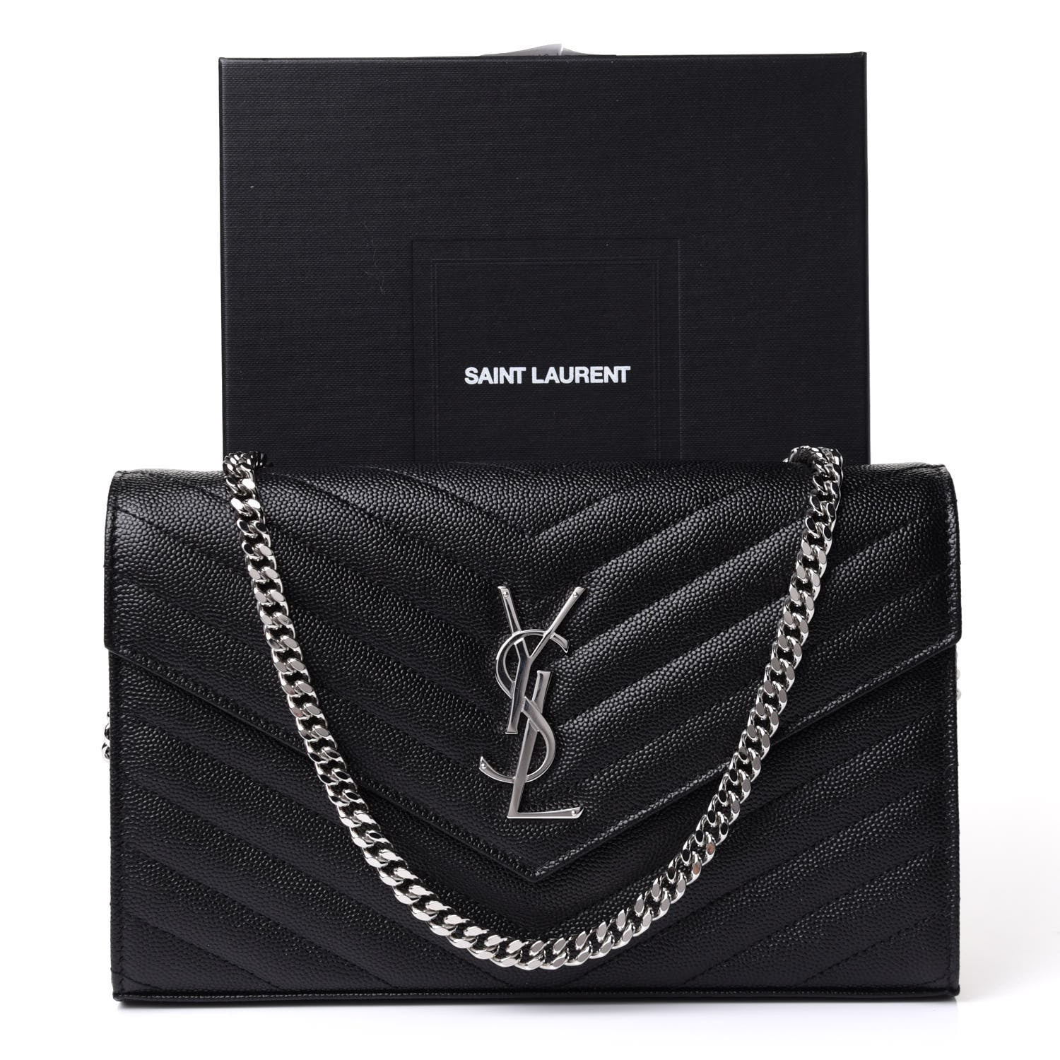 Saint Laurent Grain De Poudre Matelasse Chevron Monogram Chain Wallet Black 10 of 10