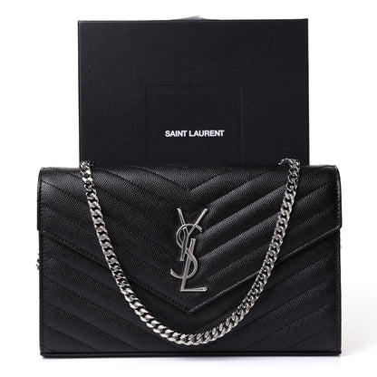 Saint Laurent Grain De Poudre Matelasse Chevron Monogram Chain Wallet Black 10 of 10
