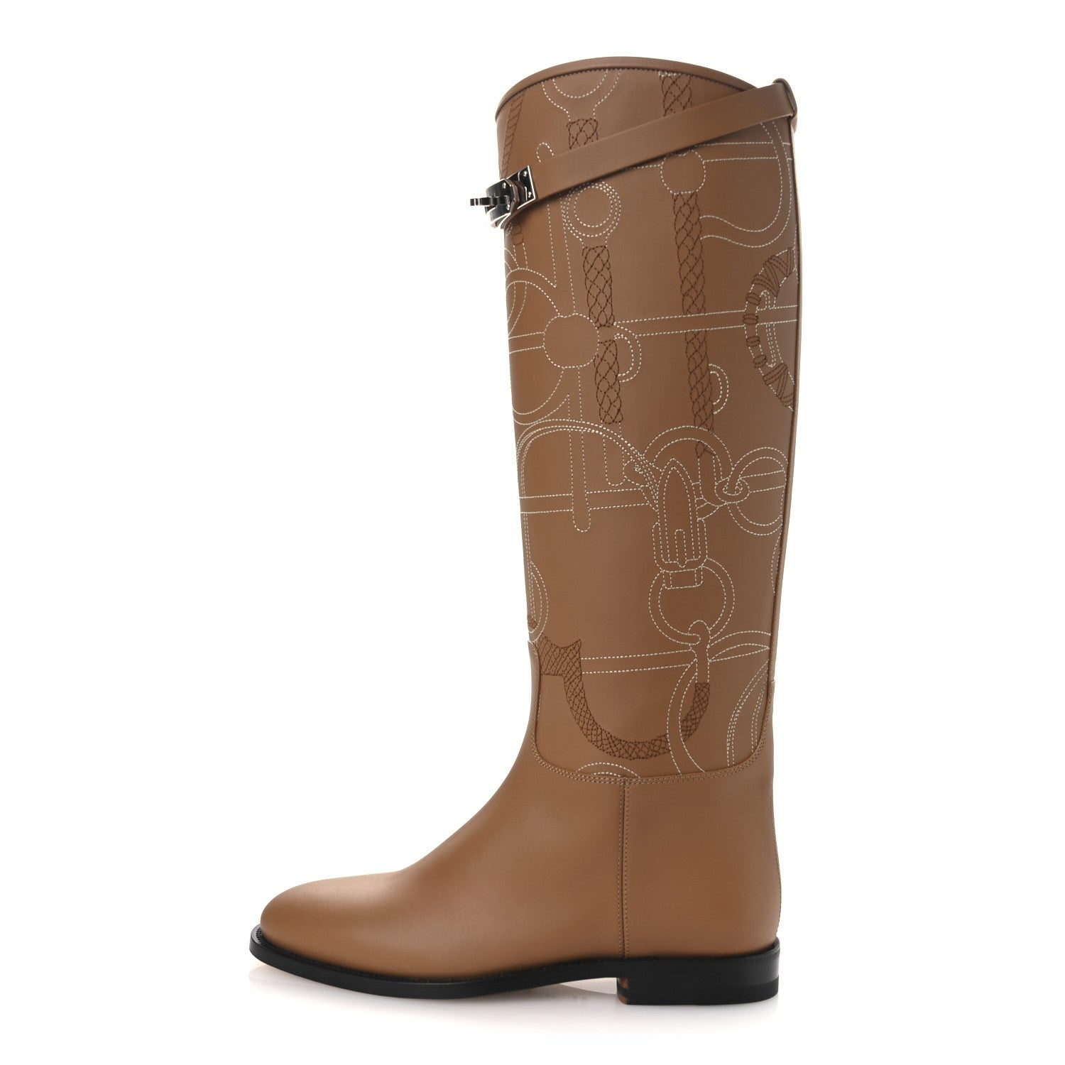 Hermes Calfskin Embroidered Kelly Panoplie Equestre Jumping Boots 37 Naturel 1 of 12