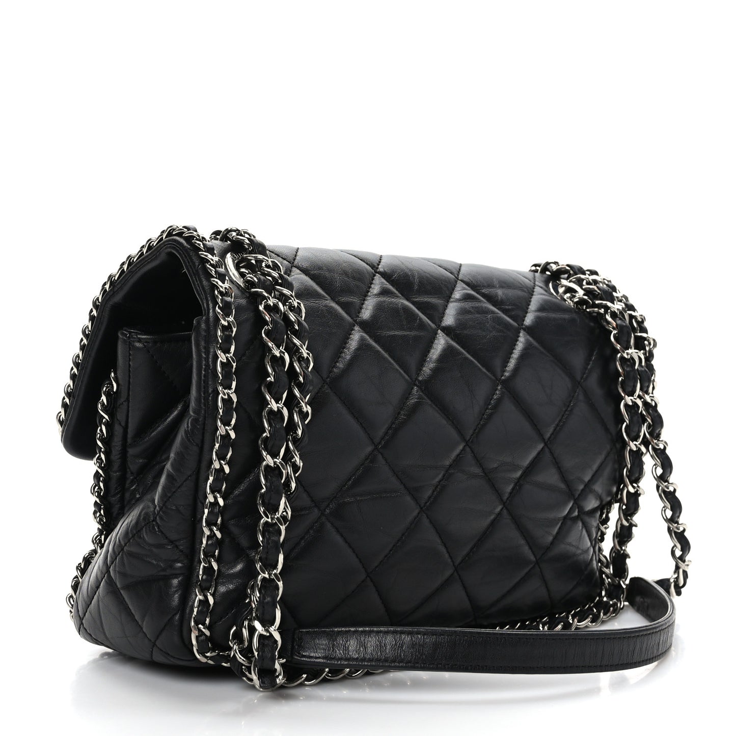 Crumpled Calfskin Medium Chain All Over Flap Black