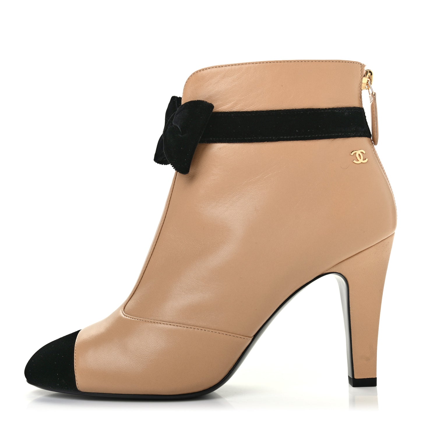 Lambskin Velvet CC Bow Cap Toe Short Boots 38.5 Beige Black