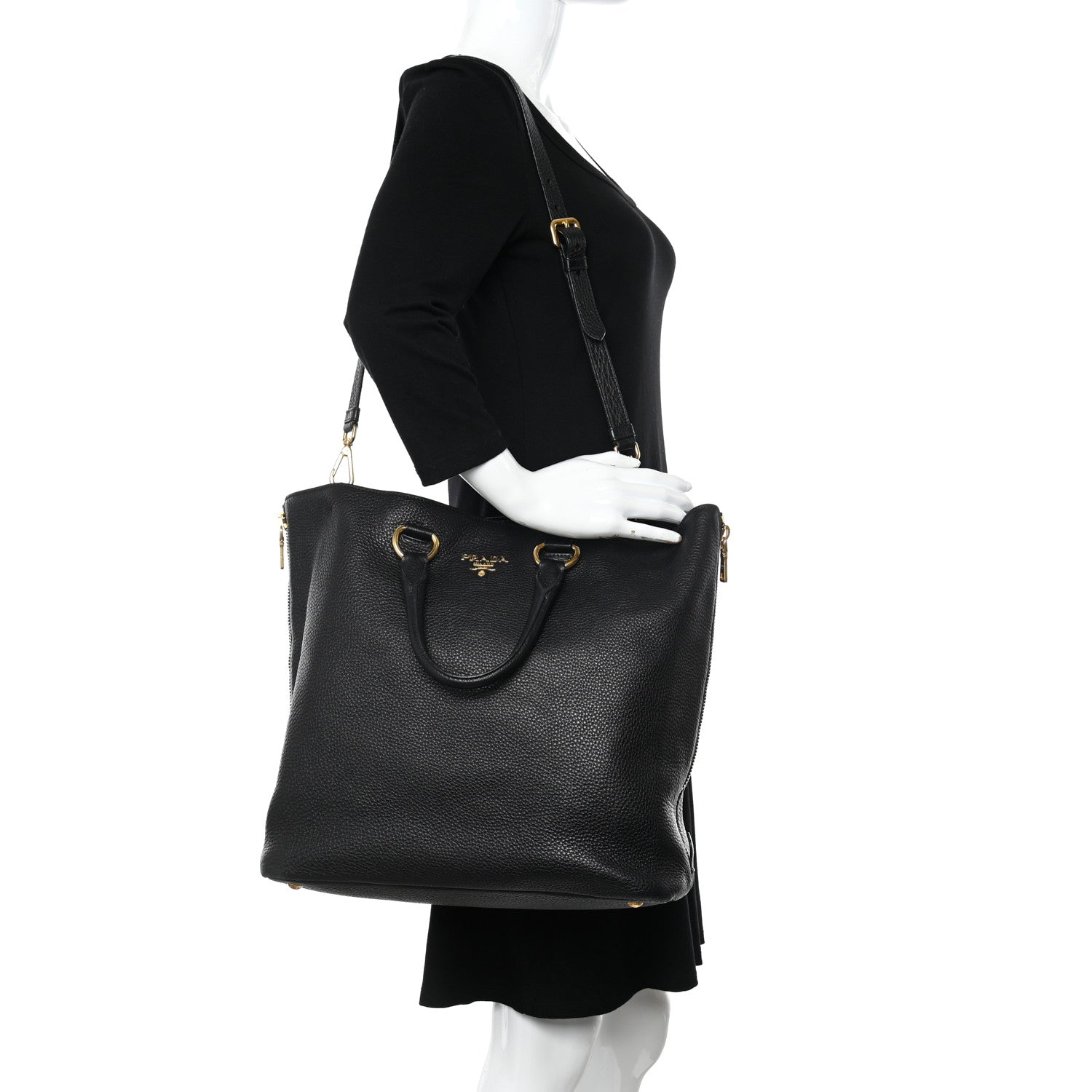 Prada Vitello Daino Side Zip Tote Black 2 of 12
