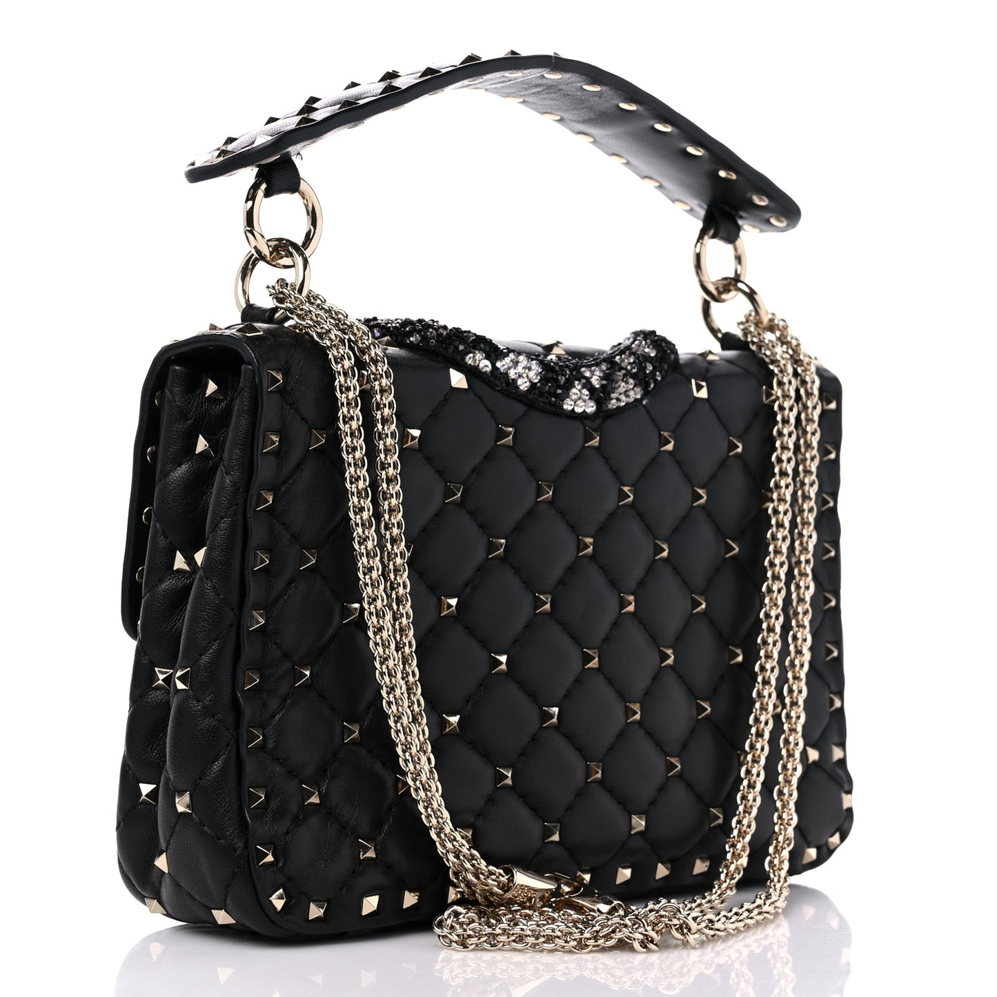 Lambskin Sequin Snake Medium Rockstud Spike Shoulder Bag Black