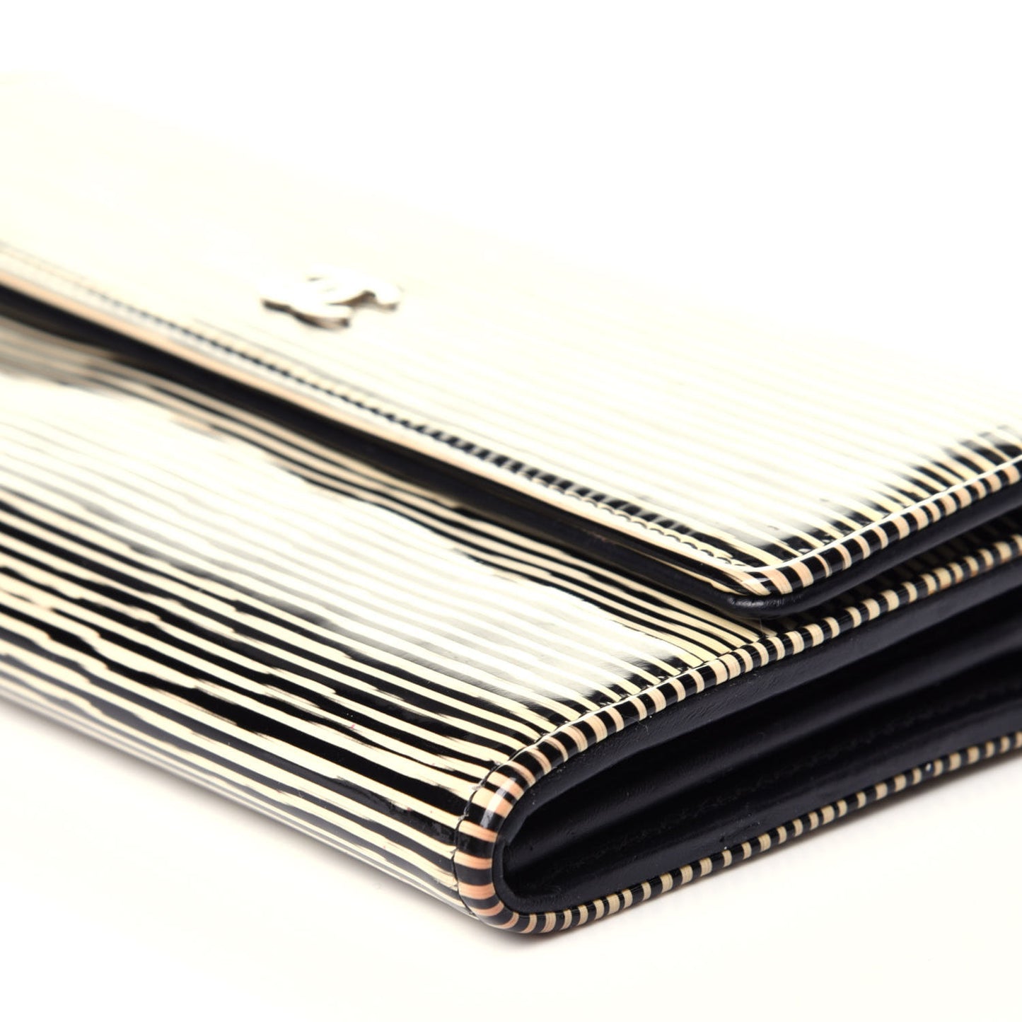 Patent Calfskin Striped Long Flap Wallet Black