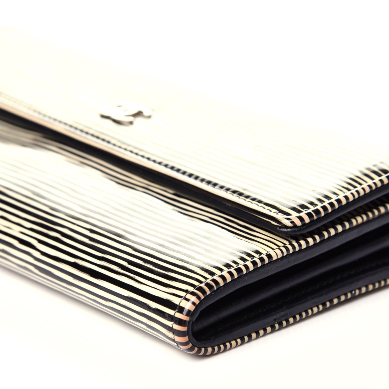 Chanel Patent Calfskin Striped Long Flap Wallet Black 10 of 12