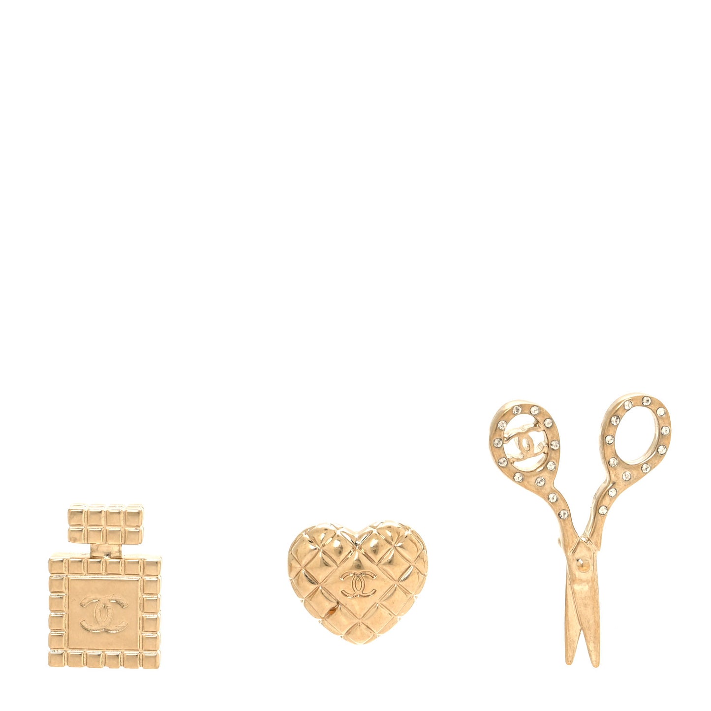 Metal Strass Crystal Quilted CC Heart Scissors Perfume Brooch Set Gold