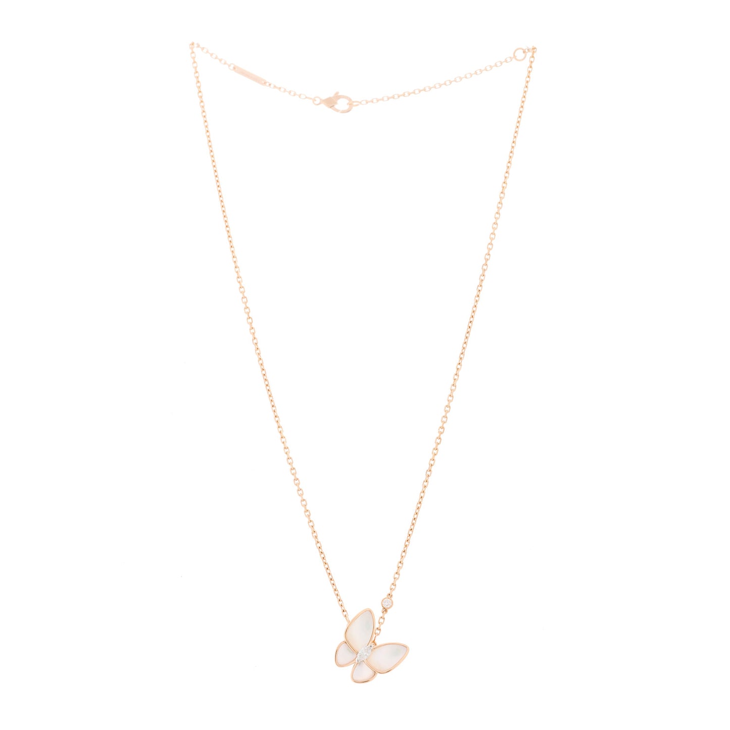 18K Rose Gold Diamond Mother of Pearl Two Butterfly Pendant Necklace