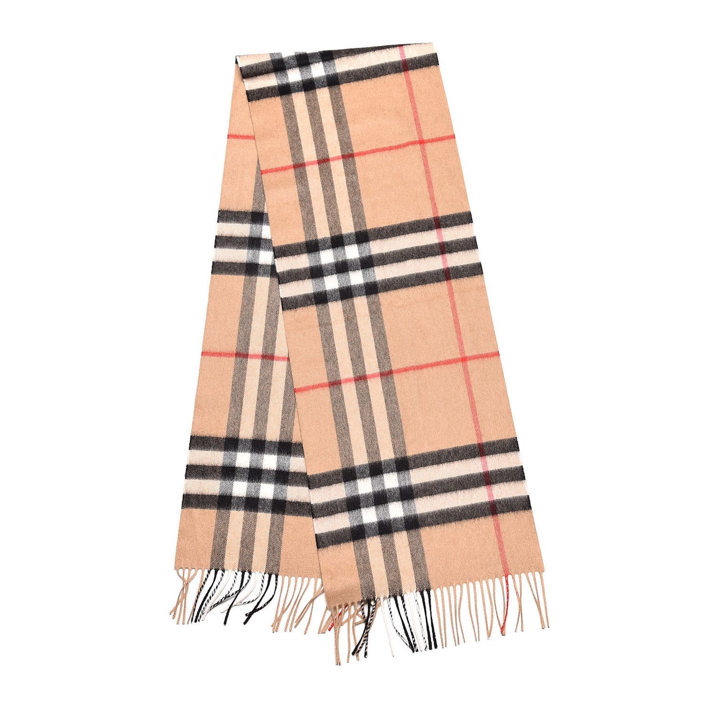 Cashmere Giant Check Fringe Scarf Camel