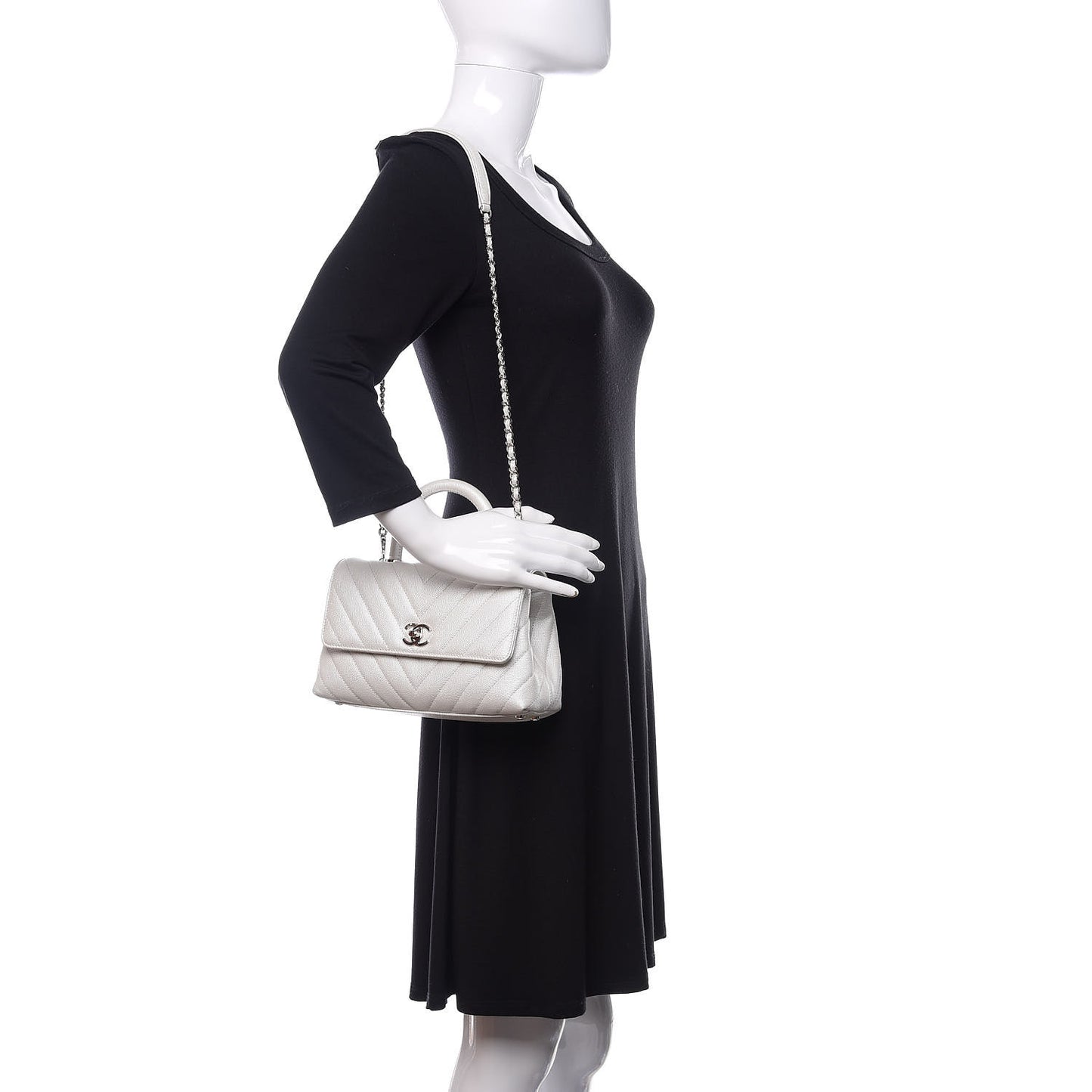Iridescent Caviar Chevron Quilted Mini Coco Handle Flap White