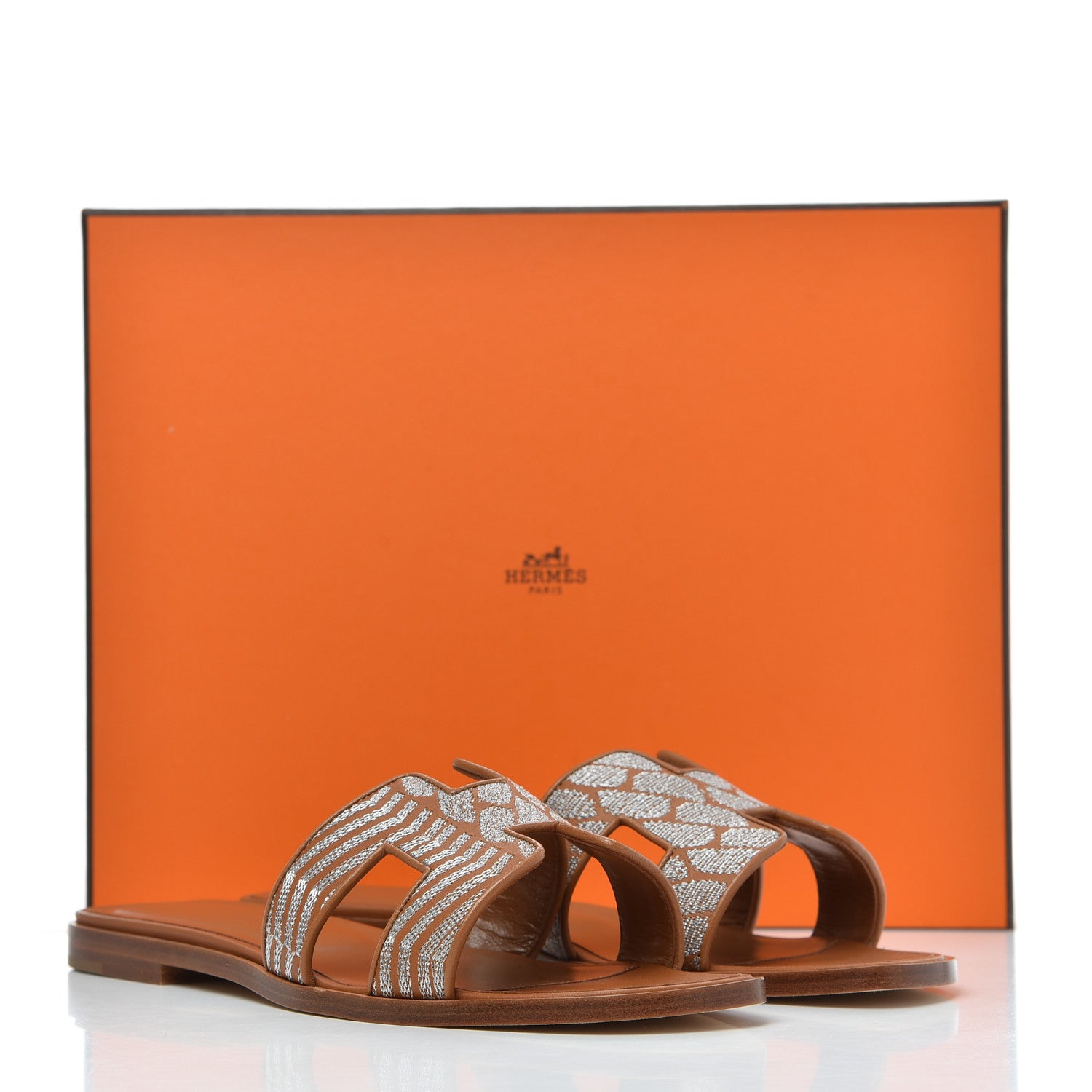 Hermes Embroidered Calfskin Oran Sandals 37.5 Naturel Gris Argente 13 of 13