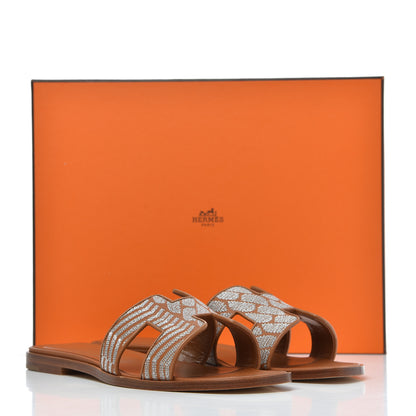 Hermes Embroidered Calfskin Oran Sandals 37.5 Naturel Gris Argente 13 of 13