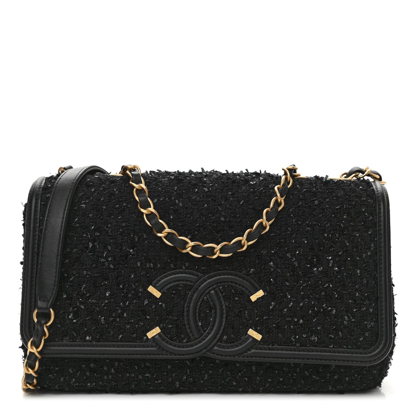 Tweed Calfskin Quilted Medium CC Filigree Flap Black